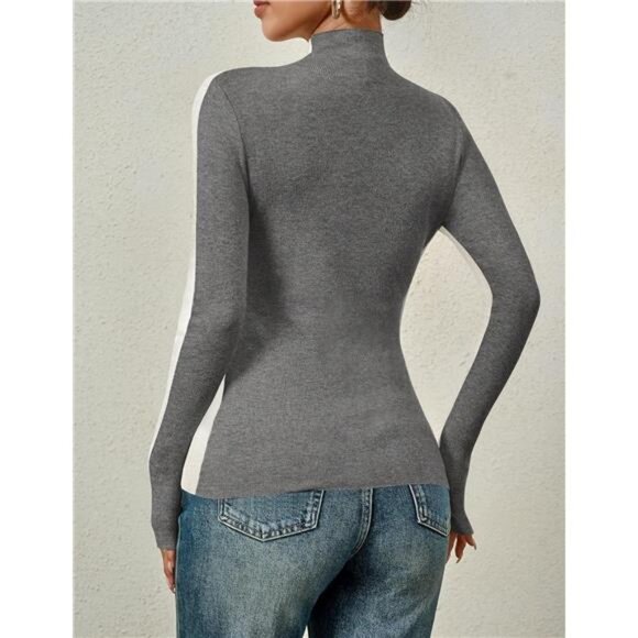 Women's Fall Mock Neck Sweaters - Long Sleeve Color Block Ribbed Knit Pullover - Picture 4 of 7